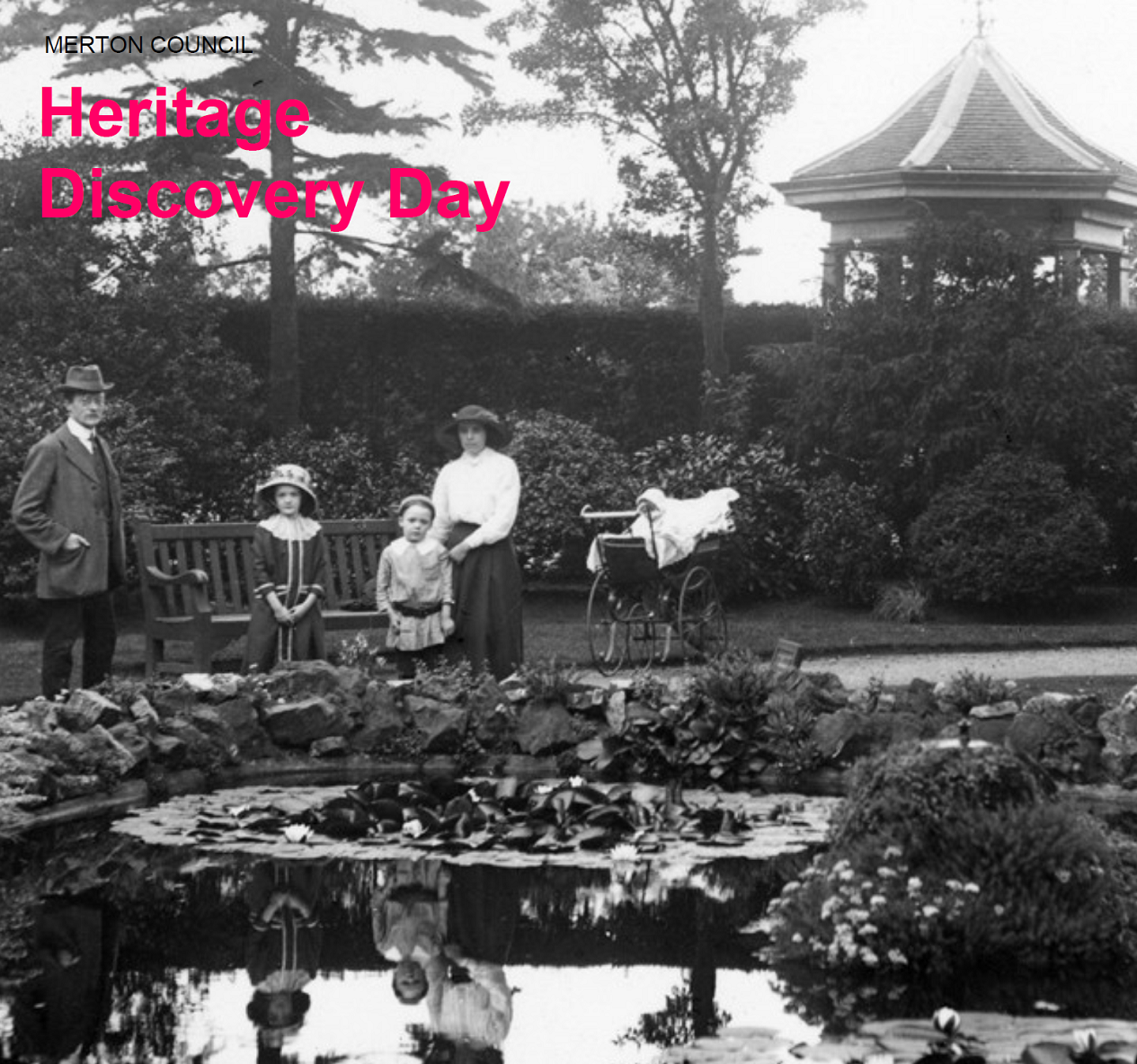 Image of people in the Victoria era standing in John Innes Park and used to promote Merton Heritage Day 2021
