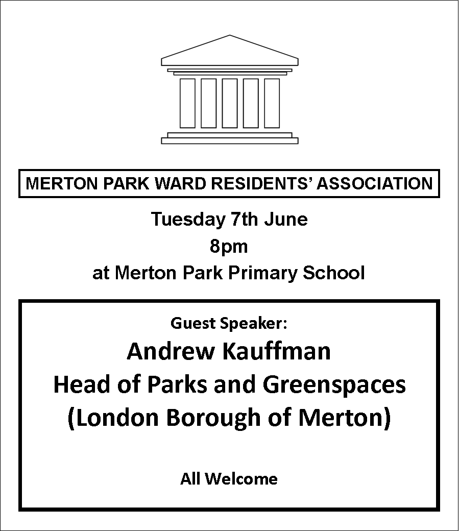 poster advertising the merton park ward residents association meeting on 7th June at 8pm at merton park primary school